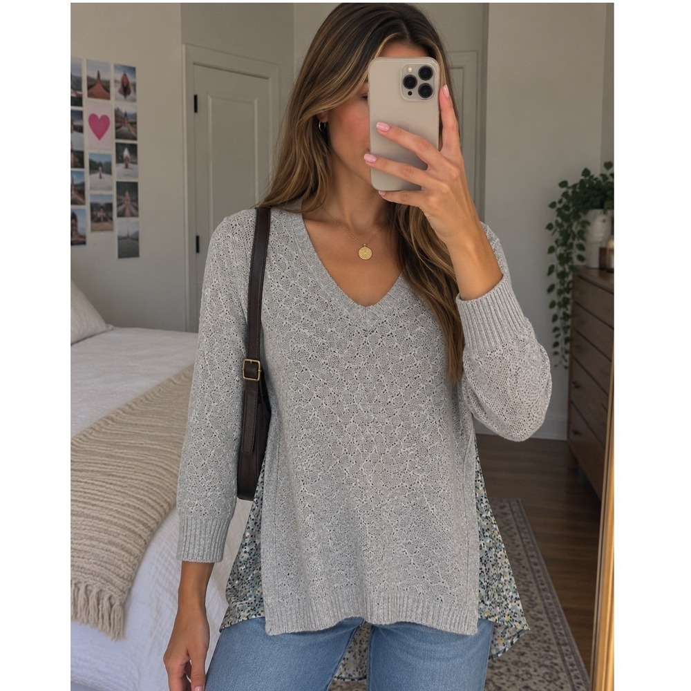 LOFT Womens Gray V-Neck Pullover Sweater Layered Open Knit Size Medium NWT